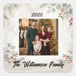 Witte Groene Familie Foto Kerststicker Vierkante Sticker