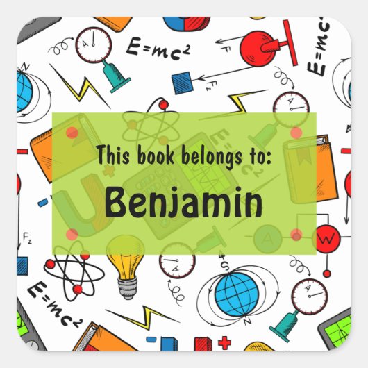 Witte Groene Leuke School Supplies Gepersonaliseer Vierkante Sticker (Voorkant)