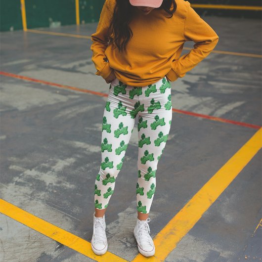 Witte Groene Lucky Clover Leaf St. Patrick's Day Leggings