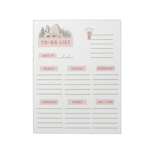 Witte Groene Roze Bloemige Boho Wekelijkse Planner Notitieblok (Linkerzijde)