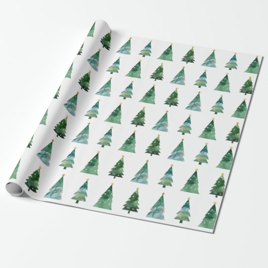 Witte Groene Waterverf Feestelijke Winterboom Cadeaupapier (Uitgerold)