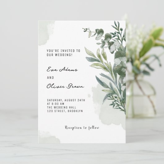 Witte Groene Waterverf Floral bruiloft uitnodiging (Staand voorkant)