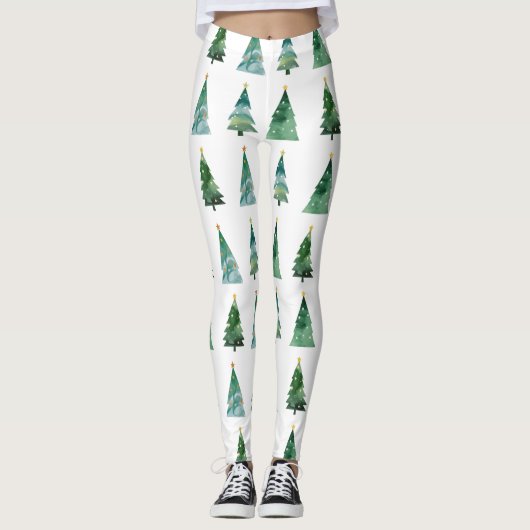 Witte Groene Waterverf Winterboom Kerstmis Leggings (Voorkant)