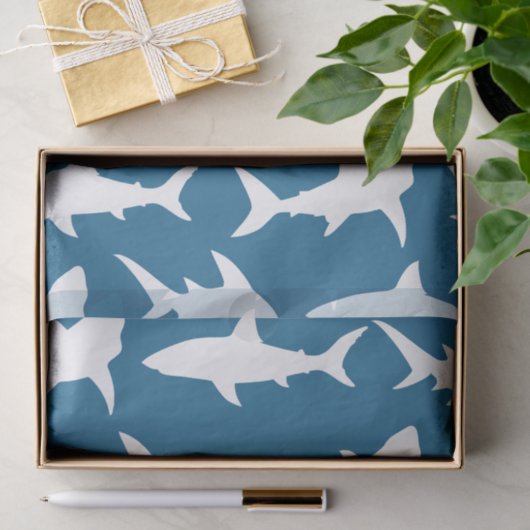 Witte haai Silhouettes & Ocean Blue Tissuepapier (Geschenk)