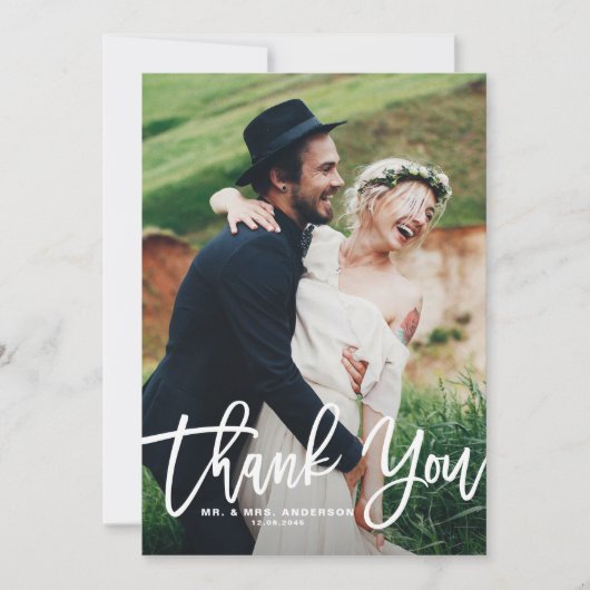 Witte hand belettering foto bruiloft bedankkaart (Voorkant)