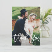 Witte hand belettering foto bruiloft bedankkaart (Staand voorkant)