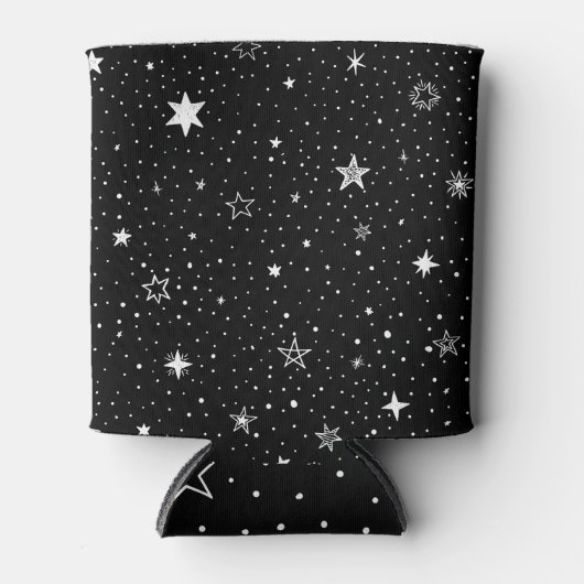 Witte hand getrokken sterren op zwart blikjeskoeler (Voorkant)