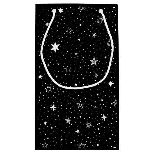 Witte hand getrokken sterren op zwart klein cadeauzakje (Achterkant)