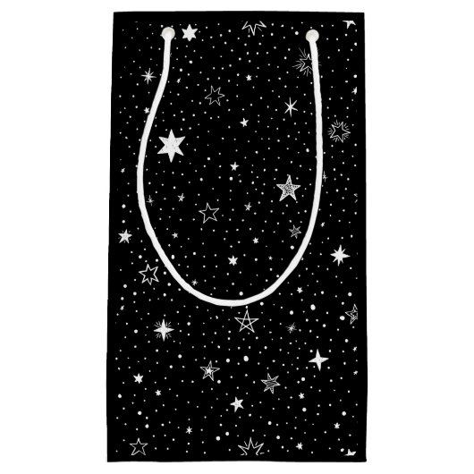 Witte hand getrokken sterren op zwart klein cadeauzakje (Voorkant)