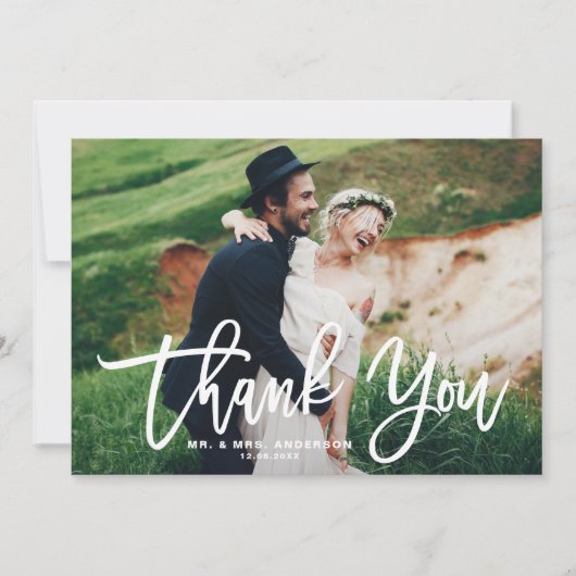 Witte Hand Lettering Moderne foto bruiloft Bedankkaart (Voorkant)