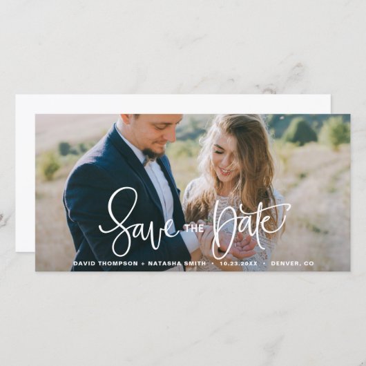 Witte handdruk met de optie Datum foto opslaan Save The Date (Voorkant / Achterkant)