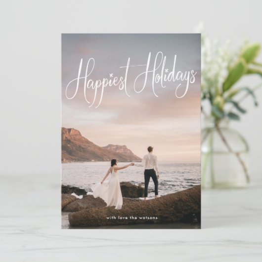 Witte handgeschreven gelukkig vakantie fotokaart feestdagenkaart (Staand voorkant)