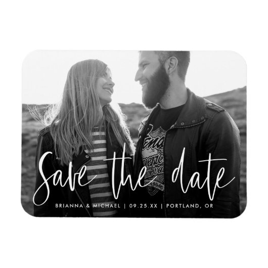 Witte handgeschreven script foto save the date magneet (Horizontaal)