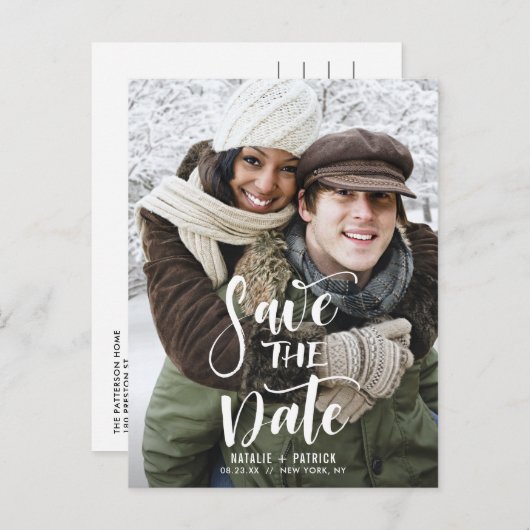 Witte handgeschreven scriptfoto Sla de datum op Aankondigingskaart (Voorkant / Achterkant)