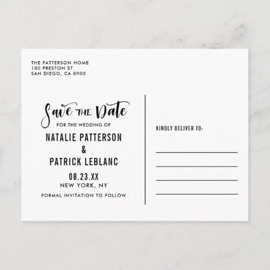 Witte handgeschreven scriptfoto Sla de datum op Aankondigingskaart (Achterkant)