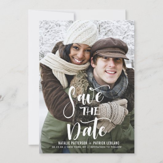Witte handgeschreven scriptfoto Sla de datum op Save The Date (Voorkant)