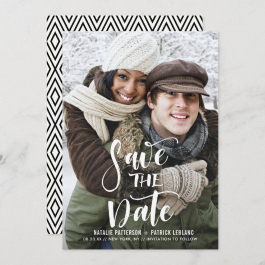 Witte handgeschreven scriptfoto Sla de datum op Save The Date (Voorkant / Achterkant)