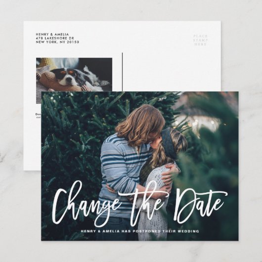 Witte handgeschreven verander de datum foto aankondigingskaart (Voorkant / Achterkant)