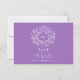 Witte handgetekende bladmonogram paarse RSVP-huwel RSVP Kaartje