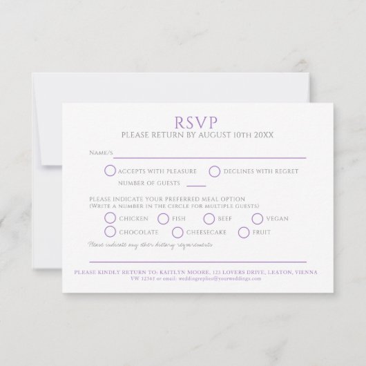 Witte handgetekende bladmonogram paarse RSVP-huwel RSVP Kaartje (Achterkant)