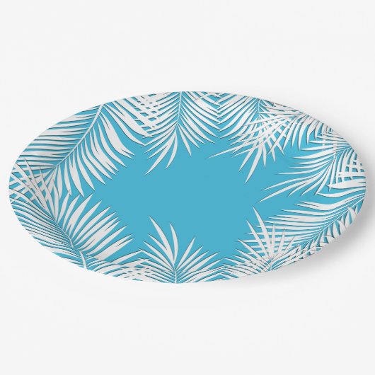 Witte handpalmen op blauw tropisch themapapier Bor Papieren Bordje (Gekanteld)