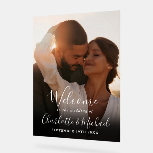 Witte handtekening script foto bruiloft welkom acryl bord (Hoek)