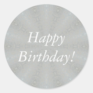 Witte Happy Birthday op Decoratieve Zilveren Stick Ronde Sticker