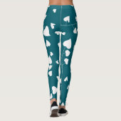 Witte hart bladpatroon op blauwgroen groen leggings (Achterkant)