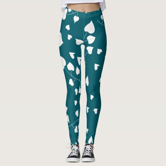Witte hart bladpatroon op blauwgroen groen leggings (Voorkant)
