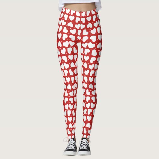 Witte harten en pooldots op rode Leggings (Voorkant)