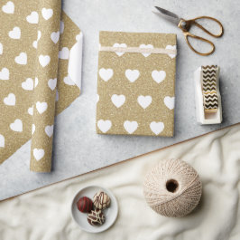 Witte harten, goudglitter Sparkles Cadeaupapier