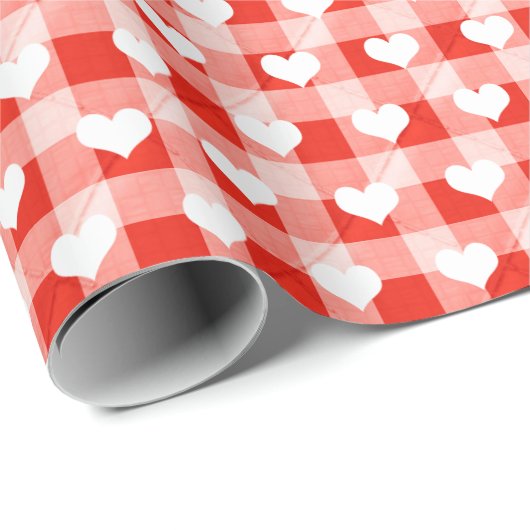 Witte harten op gewatteerde gingham cadeaupapier (Rol Hoek)
