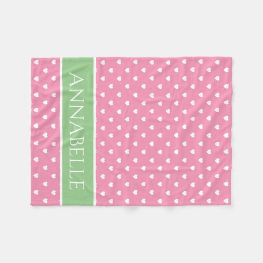 Witte harten op roze met groene gepersonaliseerde fleece deken (Voorkant (Horizontaal))