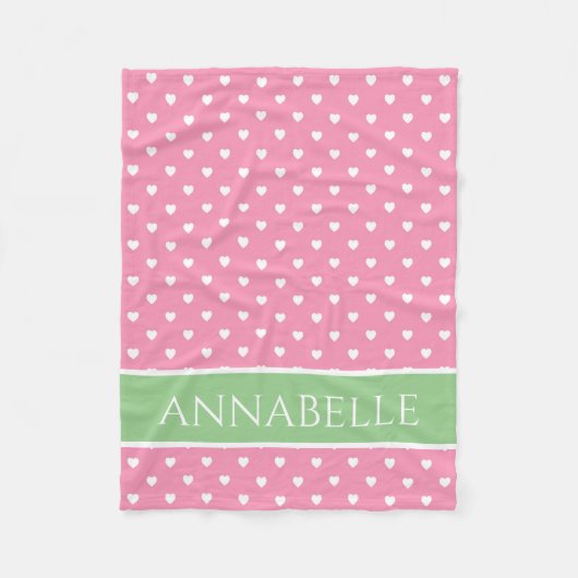 Witte harten op roze met groene gepersonaliseerde fleece deken (Voorkant)