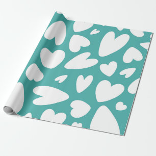Witte harten op turquoise patroon cadeaupapier