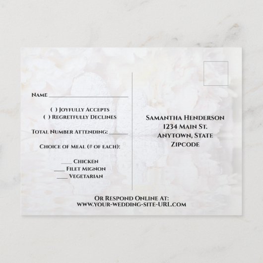 Witte Harten & Pioen Reflecties Bruiloft RSVP Briefkaart (Achterkant)