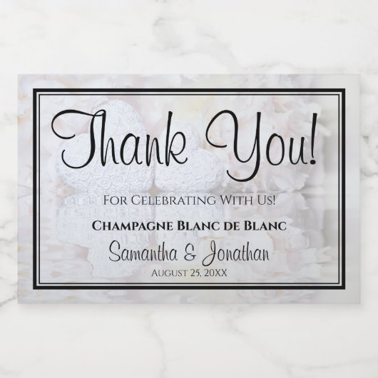 Witte Harten & Pioenrozen Dank U Huwelijk Sparkling Wijnetiket (Enkel label)