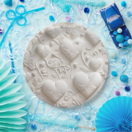 Witte harten (reliëflook) papieren bordje (Feest)