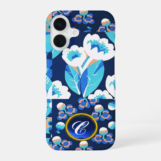 WITTE HAWAII BLAUWE BLOEMEN KRACHTIGE FLORALE INIT iPhone 16 HOESJE (Achterkant)