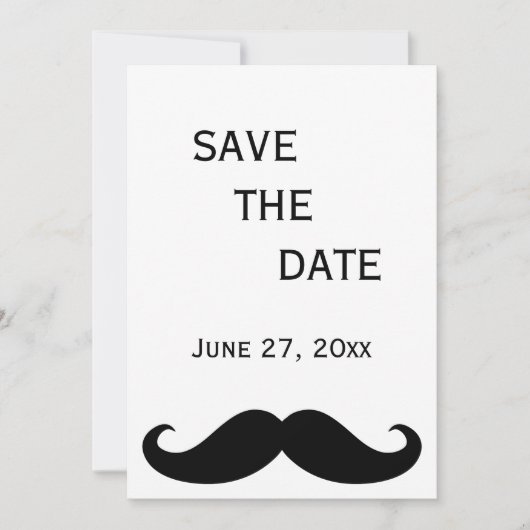 Witte HBT-huwelijksaankondigingskaart met snor Sav Save The Date (Voorkant)