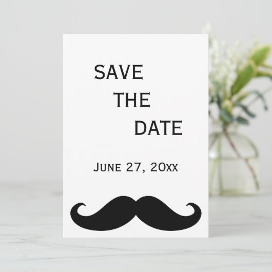 Witte HBT-huwelijkskaart 'Save The Date' met snor Save The Date (Staand voorkant)