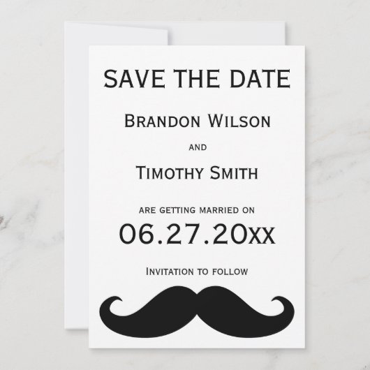 Witte HBT-huwelijkskaart 'Save The Date' met snor Save The Date (Achterkant)