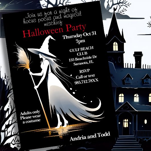 Witte heks met bezemsteel Halloween Party Kaart