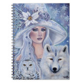 Witte heks met wolf- en uilkunst van Renee Lavoie Notitieboek (Voorkant)