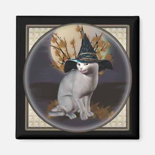 Witte heksen kat vierkante magneten (Voorkant)