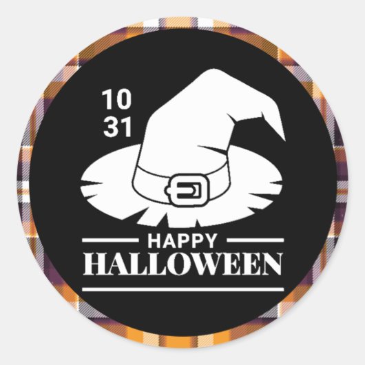 Witte Heksenhoed Halloween Zwart/Oranje Geruit Ronde Sticker (Voorkant)