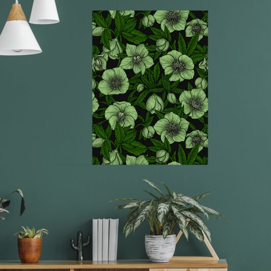 Witte Hellebores met bladeren Poster (Woonkamer 1)