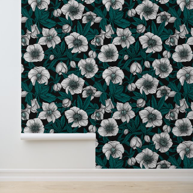 Witte Hellebores met blauwe bladeren Behang (Applicatie)