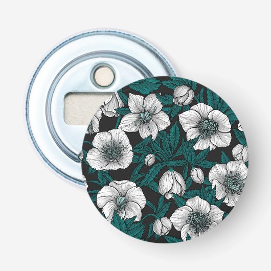 Witte Hellebores met blauwe bladeren Button Flesopener (Voorkant)