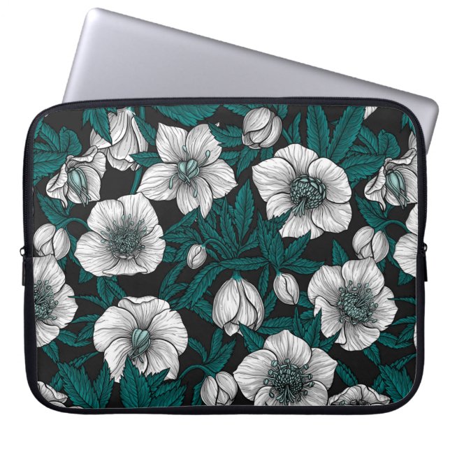 Witte Hellebores met blauwe bladeren Laptop Sleeve (Voorkant)